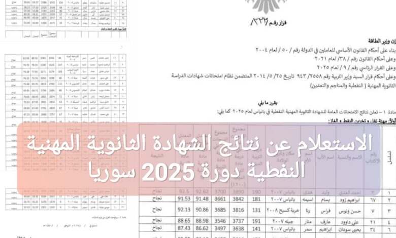 ترند العالم "عاجل" الاستعلام عن نتائج الشهادة الثانوية المهنية النفطية دورة 2025 سوريا "عاجل" الاستعلام عن نتائج الشهادة الثانوية المهنية النفطية دورة 2025 سوريا